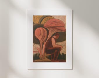 Man Under Toadstool Art Print | Surreal Figurative Painting, Warm Earthy Palette