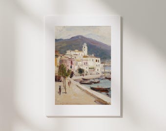 Mediterranean Coastal Marina Art Print | Impressionist Landscape, Soft Pastel Tones