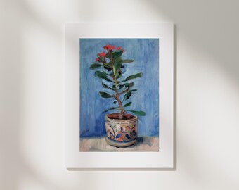 Potted Red Flower Impasto Art Print | Floral Still Life Painting, Soft Blue
