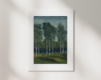 Silver Birch Trees Landscape Art Print | Impasto Riverside Forest, Greens & Blues