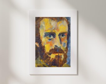 Expressionist Bearded Man Portrait Print | Expressive Impasto Art, Yellow Ochre & Blue