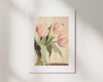 Blush Pink Tulips Art Print | Impressionist Floral Still Life, Sage Green Neutrals