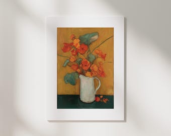 Jug of Orange Flowers Still Life Print | Mid-Century Scandi Art, Ochre Tones