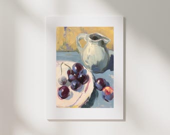 Plate of Cherries Still Life Art Print | Soft Yellow & Muted Blue, Swedish Modern Painting