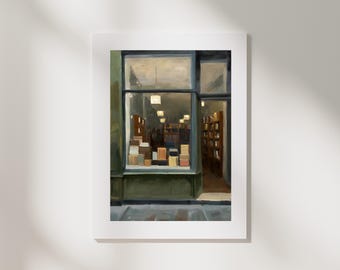 Bookstore Window Art Print | Impasto Oil Painting, Muted Colors