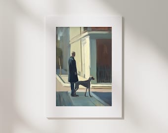 Man Walking a Weimaraner Dog Art Print | Muted Tones, Contemplative Impressionist Oil Painting