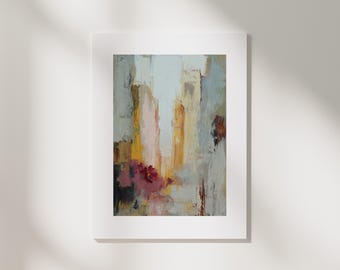 Crimson & Grey Blue Abstract Print | Textured Earth Tones, Expressionist Art