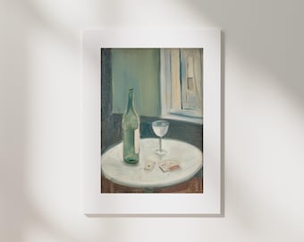 Wine Bottle & Playing Cards Still Life Print | Mid-Century Soft Green Toned Art