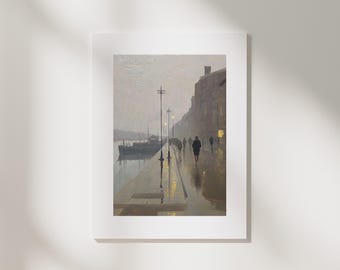 Foggy Canalside Cityscape Art Print | Vintage Scandi Style, Impressionist Grey Street Scene