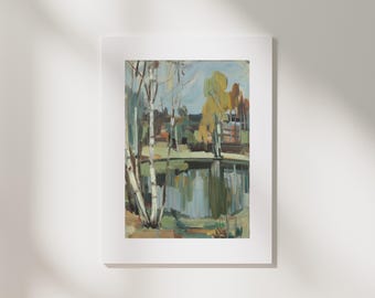 Countryside Pond & Birch Trees Art Print | Impressionist Landscape, Autumnal Palette