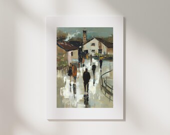 Rainy Village Art Print | Impasto Oil Painting, Muted Browns, Creams & Soft Greens
