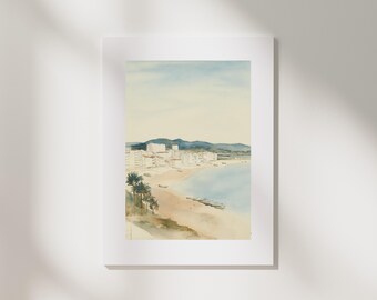 Coastal Town With Sandy Beach Watercolour Art Print | Minimal Composition, Tranquil Mood
