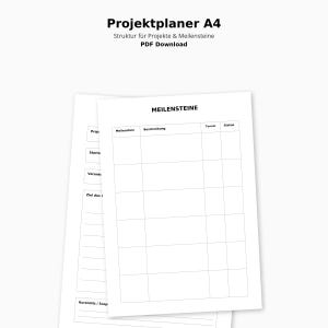 May include: White A4 project planner sheets with the title "Projektplaner A4" at the top. The sheets have a grid for project milestones, descriptions, dates, and status updates. The text "PDF Download" is also visible.