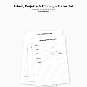 Può includere: Un mucchio di fogli di carta bianca con testo tedesco, tra cui "Arbeit, Projekte & Führung - Planer Set" e "MITARBEITERGESPRÄCH". I fogli hanno linee e spazi per la scrittura, con titoli come "Name Mitarbeiter".