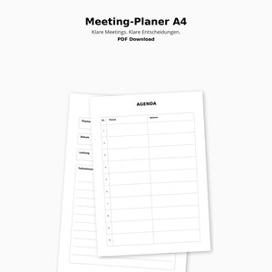 Op de afbeelding: Een witte A4-vergaderplanner met de titel "Meeting-Planer A4" bovenaan. De planner bevat de tekst "Klare Meetings. Klare Entscheidungen. PDF Download." De agendapagina is zichtbaar, met secties voor thema, datum en deelnemers.