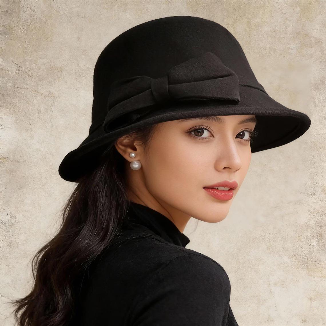 Black Wool Cloche Hat Wide Brim Women Y2K 90s Soft Felt San Diego Style Cloche Black 100% Wool Hats for Women for sale | eBay main image 3