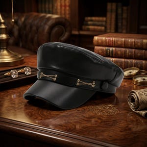 Black PU Leather Newsboy Cap, Y2K Punk Flat Top Beret, Vintage England Style Hat