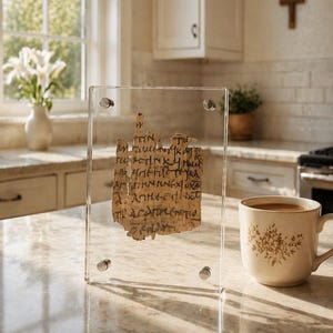 May include: A framed ancient manuscript with visible text, held in a clear acrylic display. The manuscript is a light brown color. A floral-patterned mug with coffee sits to the right. The background includes a kitchen setting with a window and a cross.