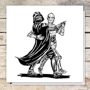 Tarjeta de felicitación de Star Wars con Darth Vader y C3PO BAILANDO
