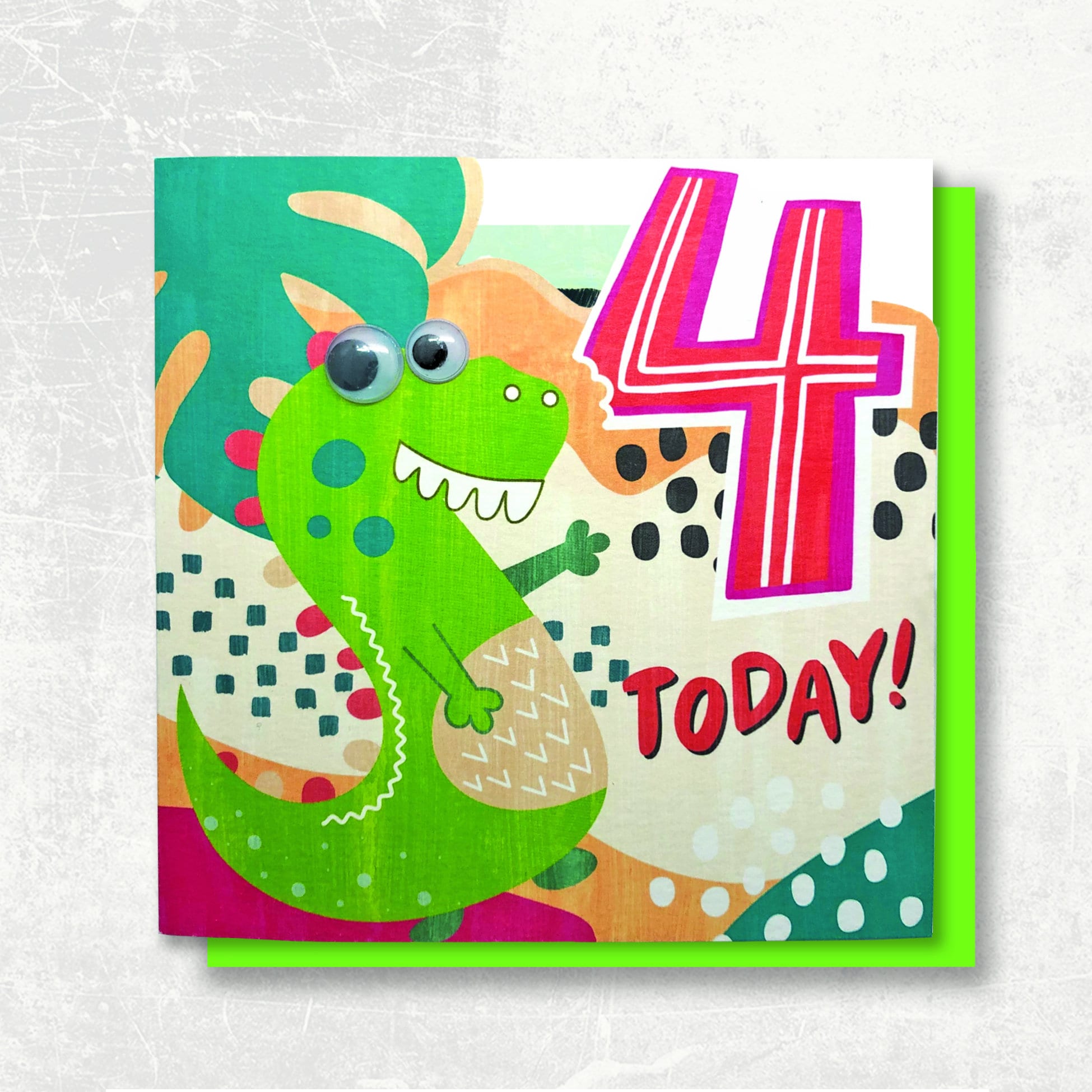 AGE 4 cute and colourful googly eyed DINOSAUR BIRTHDAY card