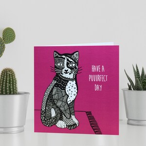 Eigentijdse illustratie CAT GREETINGS of BIRTHDAY card - Have a puurfect day