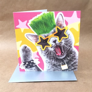 Carte d'anniversaire ou de voeux rock and roll punk kitty