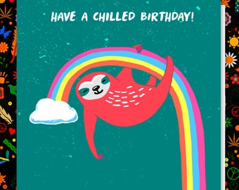 A quirky, contemporary illustrated SLOTH BIRTHDAY card suitable for anyone