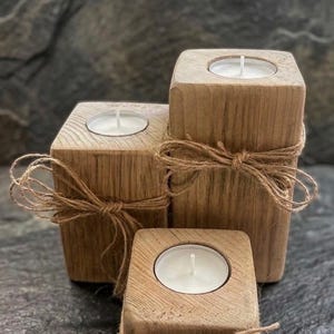Rustic Wooden Tea Light Holder Set, Farmhouse Table Decor, Solid Wood Candle Block