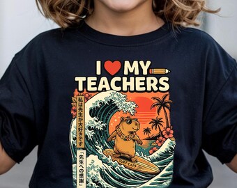 I Love My Teachers Shirt, Surfing Capybara Teacher Tee, Funny Teacher Appreciation T-Shirt, Retro Summer School Shirt