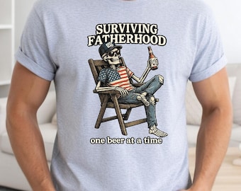 Funny Skeleton Dad Beer Shirt, Surviving Fatherhood One Beer At A Time Tee, Patriotic Skull Sweatshirt For Dads