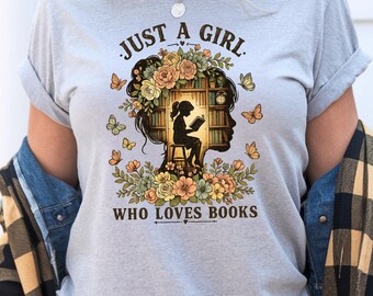 Just A Girl Who Loves Books V Neck Tee, Cute Book Lover Shirt, Reading Lover T-Shirt, Cozy Reader Graphic Tee