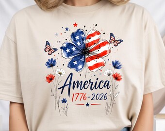 Floral America 1776-2026 Shirt, Patriotic Floral V Neck Tee, Americana Wildflower Sweatshirt, USA Anniversary Shirt