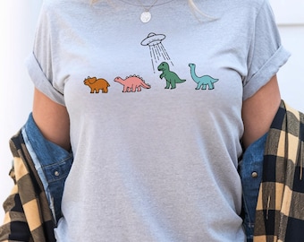 Funny Dino UFO V Neck, Cute Alien Dinosaur Shirt, Space Dino Graphic Tee, Kawaii Dinosaur T Shirt, Cartoon UFO Shirt, Dino Lover Gift