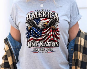 Camiseta "America One Nation Under God", camiseta del águila patriótica, sudadera con la bandera estadounidense, camiseta "Fe y Libertad USA", ropa patriótica cristiana