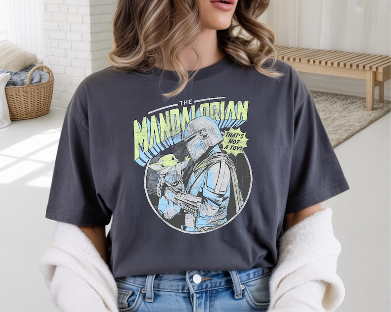 mandalorian and baby yoda graphic design printed dark grey color t-shirt