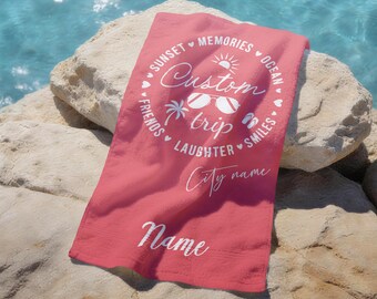 Personalized Girls Trip Beach Towel, Custom Bachelorette Party Towel, Bride Squad Pool Towel with Name & Destination