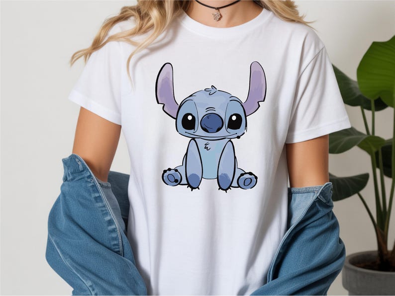 white color t-shirt with disney stitch  graphic design