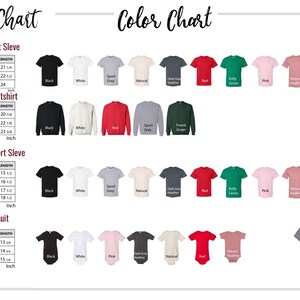 May include: A size and color chart for youth and toddler short sleeve shirts, sweatshirts, and baby bodysuits. The chart includes measurements in inches and a color palette with various options like black, white, and red.