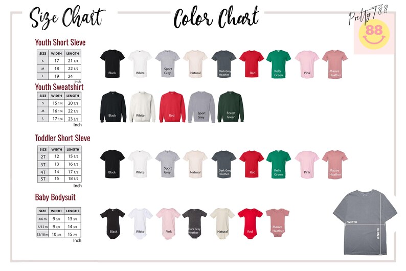 May include: A size and color chart for youth and toddler short sleeve shirts, sweatshirts, and baby bodysuits. The chart includes measurements in inches and a color palette with various options like black, white, and red.