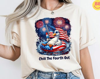 Chill The Fourth Out Goose Shirt, Funny 4th of July V Neck Tee, Patriotic Goose Ice Cream T-Shirt