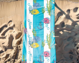 Personalized Ocean Beach Towel, Kids & Adult Beach Towel, Coral Reef Fish Towel, Custom Name Summer Pool Towel