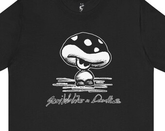 Mushroom Character T-Shirt, Curious Fantasy Creature Graphic, Scribblits n Doodlies Tee