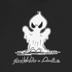 May include: Black t-shirt featuring a white cartoon ghost with angry eyes and a unique, textured design. The ghost is standing on a white line, with the words "Scribblits n Doodles" written in cursive below.