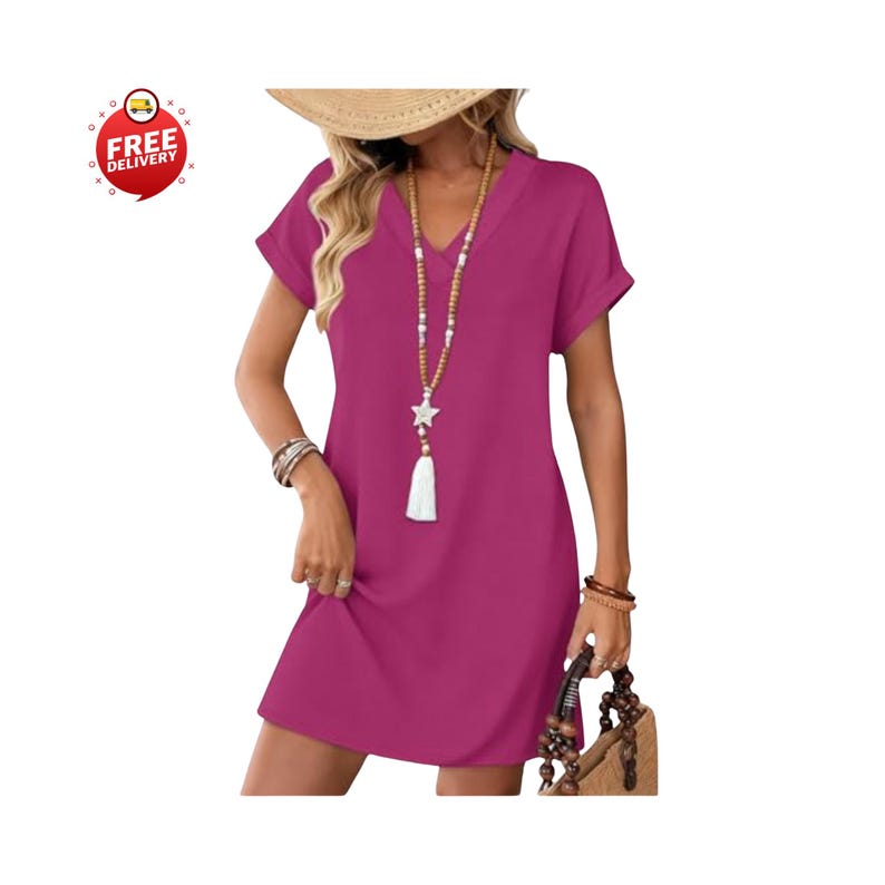 Woman wearing casual summer t-shirt dress with pockets, Relaxed fit short sleeve v-neck mini dress outfit, Beach vacation outfit with flowy t-shirt dress, Women’s casual pocket dress styled with sandals, Summer t-shirt dress paired with straw hat and bag, Short sleeve mini dress for spring outings, Casual wedding guest t-shirt dress for women, Comfortable maternity-friendly flowy dress design, Teacher outfit featuring relaxed summer dress, Plus size casual t-shirt dress with pockets