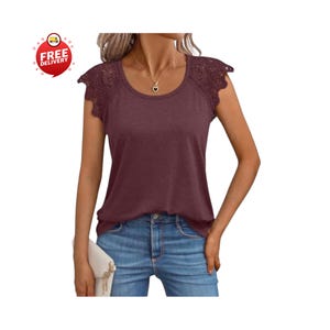 レディース レースキャップスリーブトップス ドレッシーカジュアルサマーTシャツ トレンディな春のブラウス