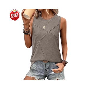 Débardeur sans manches pour femme, coupe ample, tunique à col rond, chemise décontractée d'été avec chemisier fluide