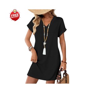 Woman wearing casual summer t-shirt dress with pockets, Relaxed fit short sleeve v-neck mini dress outfit, Beach vacation outfit with flowy t-shirt dress, Women’s casual pocket dress styled with sandals, Summer t-shirt dress paired with straw hat and bag, Short sleeve mini dress for spring outings, Casual wedding guest t-shirt dress for women, Comfortable maternity-friendly flowy dress design, Teacher outfit featuring relaxed summer dress, Plus size casual t-shirt dress with pockets