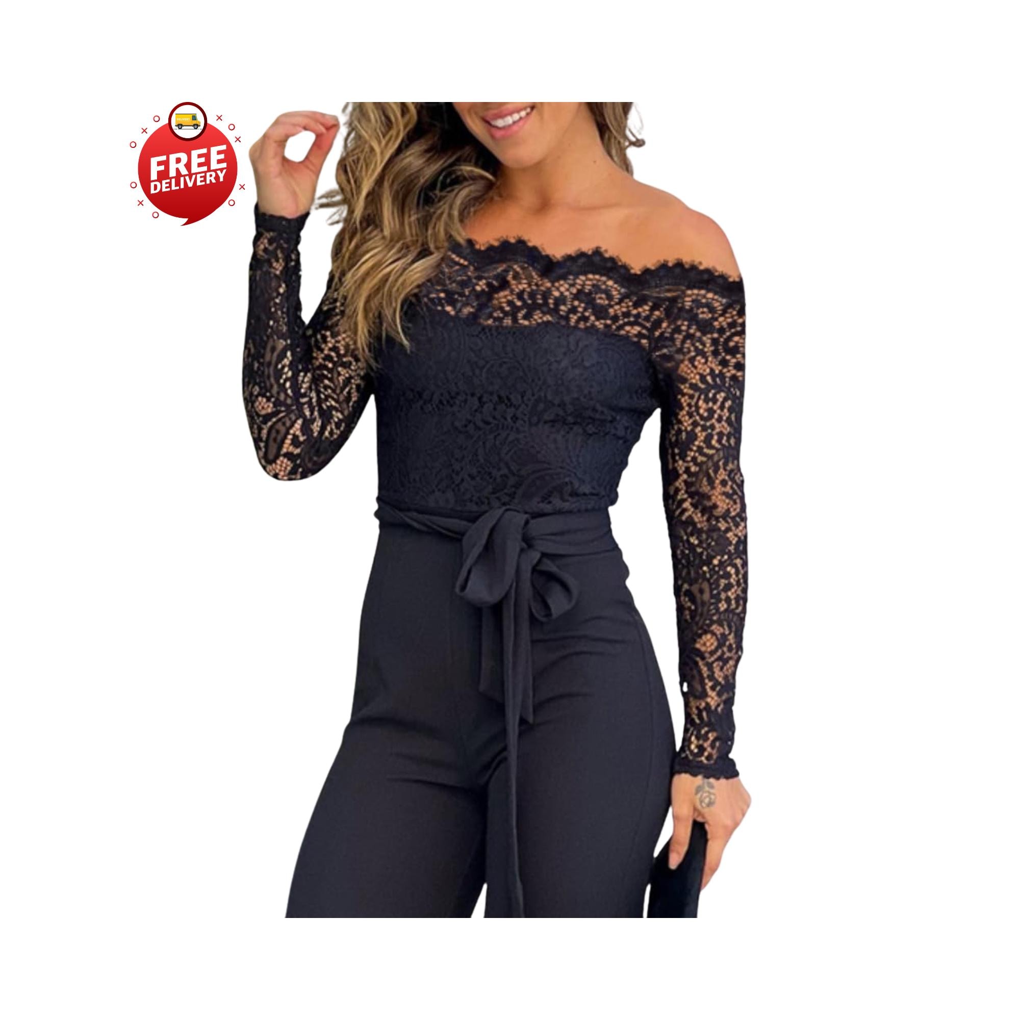 Boat Neck Black Long Sleeve Lace Romper Women's Cassie Lace Ruffle Romper  In Black Size Large