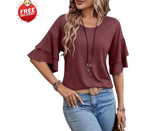 Top da donna con scollo rotondo e maniche a doppio volant, camicetta a tunica dalla vestibilità ampia, camicia elegante e casual.