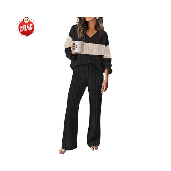 Cozy V-Neck Sweater Lounge Set - Women's Two Piece Outfit